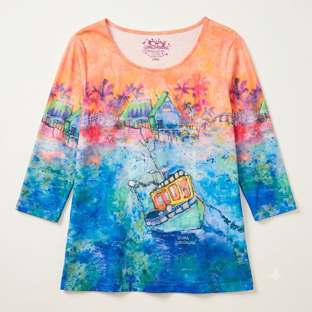 Leoma‎ Lovegrove Women's L Artsy Tropical Resortwear Nautical 3/4 Sleeve Tunic